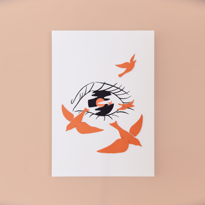 Cartaz com ilustração de olho e pássaros laranja sobre fundo rosa claro