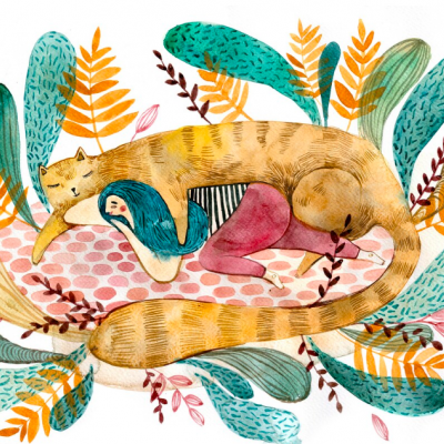 Ilustração com gata laranja abraçando figura humana rodeada de folhas coloridas