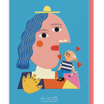 Cartão ilustrado colorido com figura estilizada e texto PICASSO