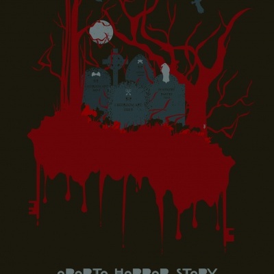 Póster de filme ou série temática de terror com árvores vermelhas e lápides cinzentas em fundo preto