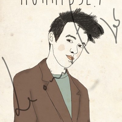 Ilustração de homem com casaco castanho e cabelo preto alto, com texto MORRISSEY no topo e assinaturas