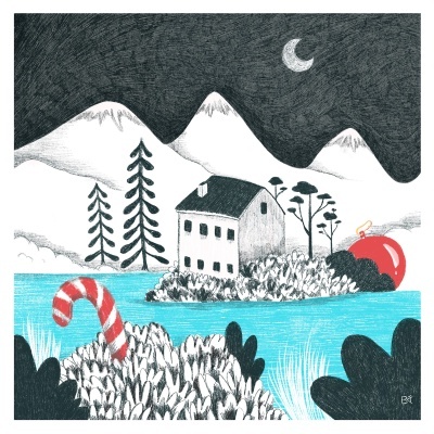 Ilustração casa, montanhas, árvores, pau de açúcar e ornamento vermelho à beira de água