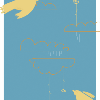 Desenho de dois pássaros amarelos e nuvens douradas com flores contra fundo azul.