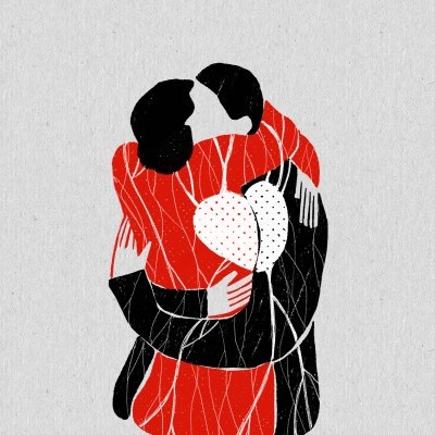 Ilustração de duas pessoas a abraçar-se, com casacos vermelho e preto, e dois corações brancos entre elas