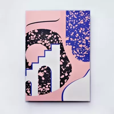 Quadro decorativo abstrato com cores rosa, azul, preto e branco