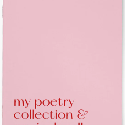 Caderno rosa com texto vermelho na capa e fundo branco