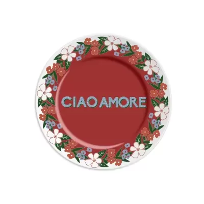 Prato vermelho com borda floral e texto CIAO AMORE