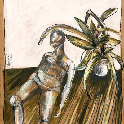 Desenho artístico de figura humana castanha e planta em vaso ao lado