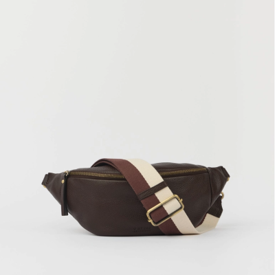 Bolsa tipo cinto em pele castanha com alça riscada castanha e bege