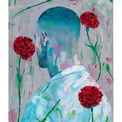 Ilustração artística de homem de costas com flores vermelhas num fundo cinzento.