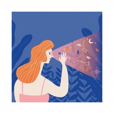 Mulher olhando feixe de luz com planetas e estrelas