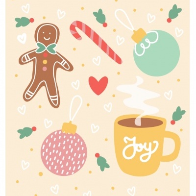 Ilustração natalícia com biscoito de gengibre, pau de açúcar, bolas de natal, caneca amarela com a palavra 'Joy' e decoração de fundo com corações e folhas