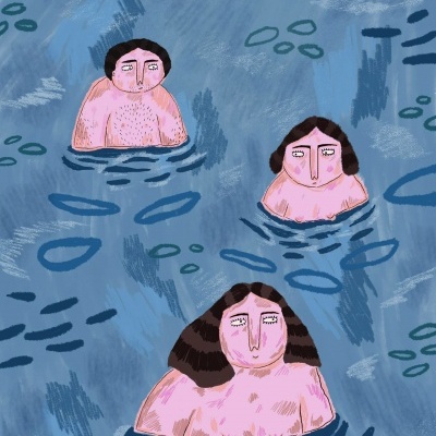 Ilustração de três figuras humanas a meio do corpo na água azul com padrões irregulares.