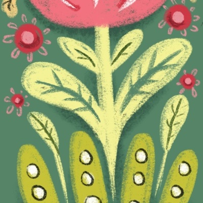 Ilustração digital de vaso com flores estilizadas coloridas sobre fundo verde.