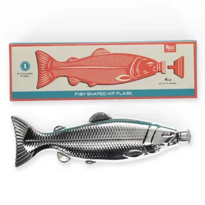 Cantil de aço inoxidável em forma de peixe com embalagem ilustrada
