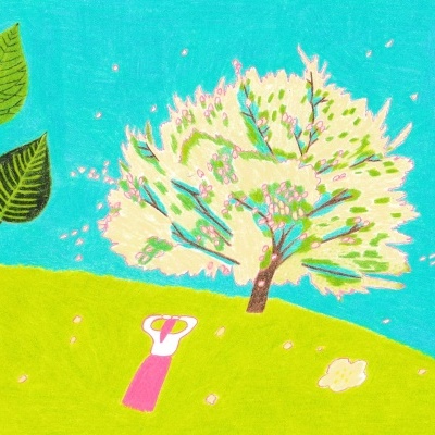 Ilustração de árvore florida num campo verde com céu azul e figura humana de vestido rosa