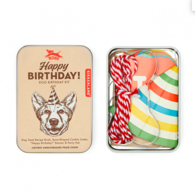 Kit de aniversário para cão em caixa metálica com balões e acessórios coloridos