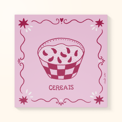 Canvas decorativo rosa com ilustração de taça e texto CEREAIS