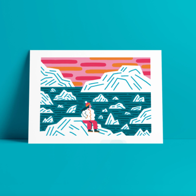 Cartão ilustrado com pessoa numa geleira em mar com céu colorido