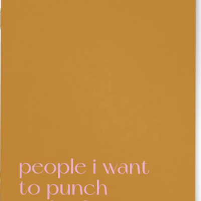 Caderno castanho alaranjado com texto rosa 'people i want to punch in the face'