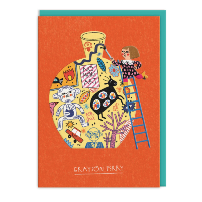 Cartão postal com ilustração de vaso decorado e personagem pintando, fundo laranja