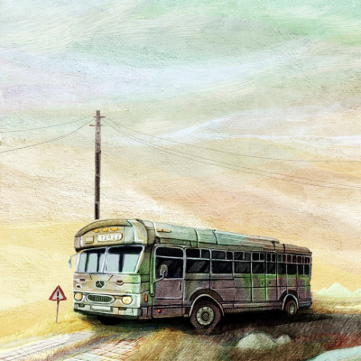 Ilustração de autocarro antigo verde em estrada rural perto de poste e sinal de trânsito.