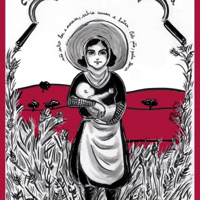 Ilustração em preto, branco e vermelho de mulher com bebé, cereal e foices