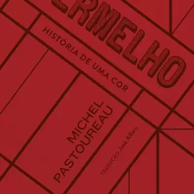 Capa de livro vermelha com texto e linhas pretas