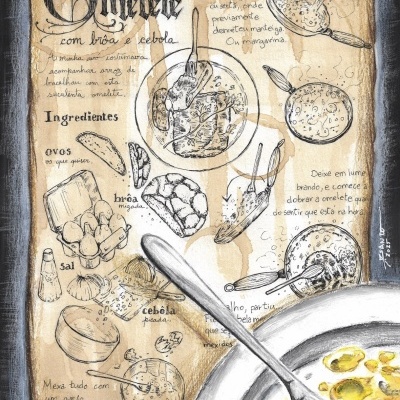 Receita ilustrada de omelete com broa e cebola ao lado de um prato com omelete.