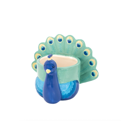 Vaso de cerâmica em forma de pavão azul e verde