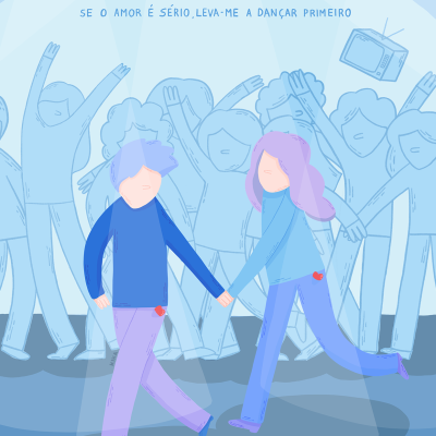 Ilustração minimalista de duas pessoas a dançarem de mãos dadas com fundo de outras pessoas a dançar e texto acima.