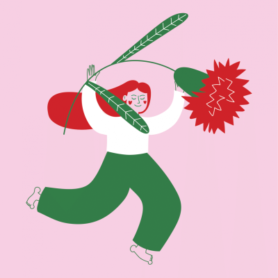 Ilustração de pessoa com flor vermelha e folhas verdes em fundo rosa