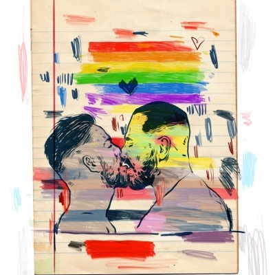 Ilustração de dois homens beijando-se com fundo colorido em arco-íris num papel pautado.