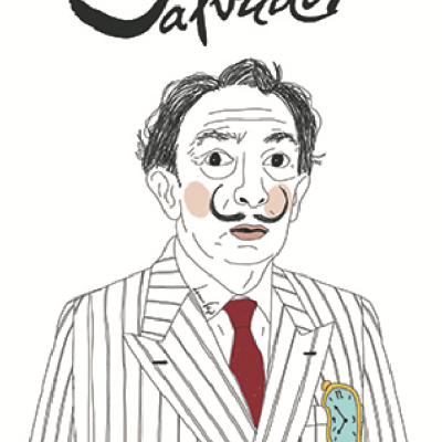 Desenho de homem com casaco riscado, gravata vermelha, relógio derretido no bolso e texto Salvador