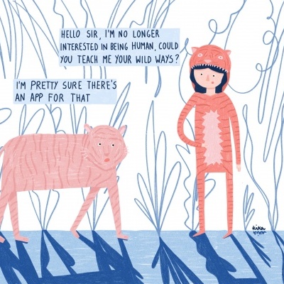 Ilustração de um urso e humano com fato de urso, texto em inglês, fundo com plantas azuis