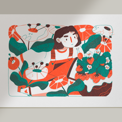 Ilustração colorida de mulher com flores e plantas