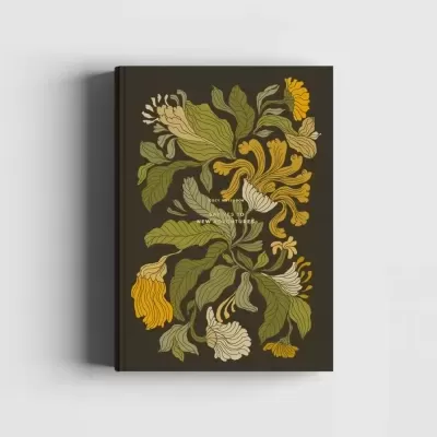 Livro com capa dura castanha decorada com padrão floral em tons de verde, amarelo e bege