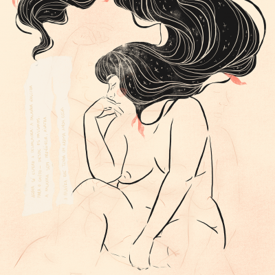 Ilustração de mulher nua sentada com cabelo longo preto e folhas cor-de-rosa, texto manuscrito em português no fundo bege