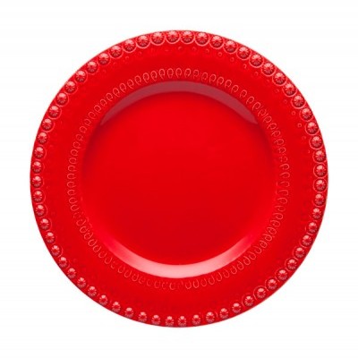 Prato vermelho de cerâmica com textura decorativa na borda