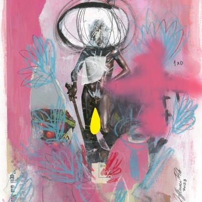 Imagem artística com figura humana estilizada e elementos abstratos em fundo rosa