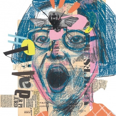 Ilustração artística com rosto humano e recortes de jornal