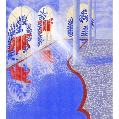 Piscina interior com decoração azul e vermelha e colunas brancas