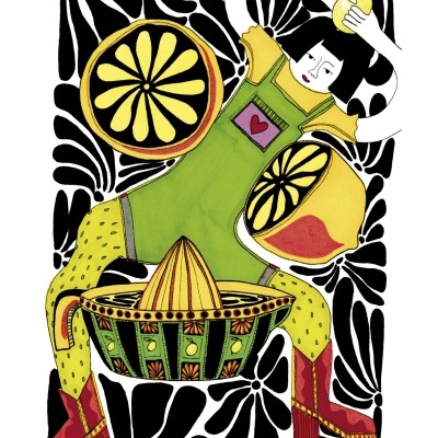 Desenho colorido de pessoa com avental verde segurando limões em fundo padrão preto e branco