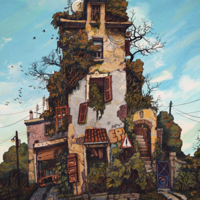 Ilustração de casa envelhecida com vegetação e sinais de trânsito