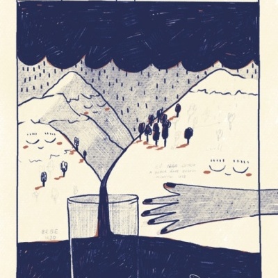 Ilustração em azul e branco com montanhas, pessoas, copo, mão e aerogeradores sob céu escuro