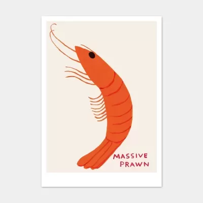 Ilustração colorida simples de um camarão laranja com texto MASSIVE PRAWN