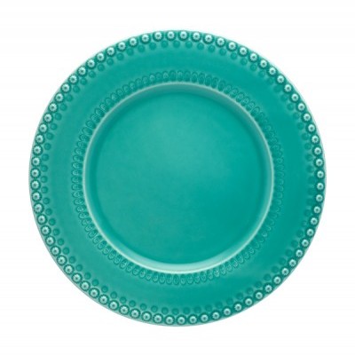Prato cerâmico turquesa com padrão em relevo na borda