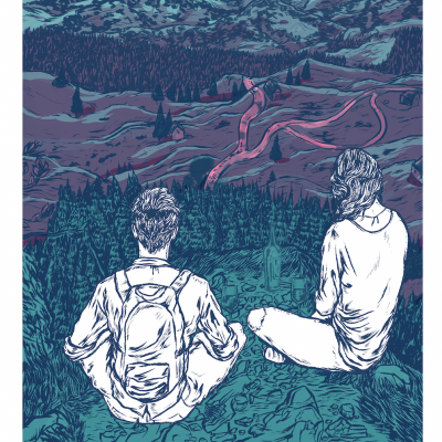 Ilustração de duas pessoas sentadas a observar montanhas e uma serpente rosa estilizada