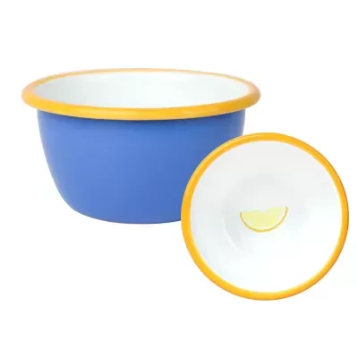 Duas tigelas esmaltadas, azul e branca com detalhes amarelos e desenho de limão