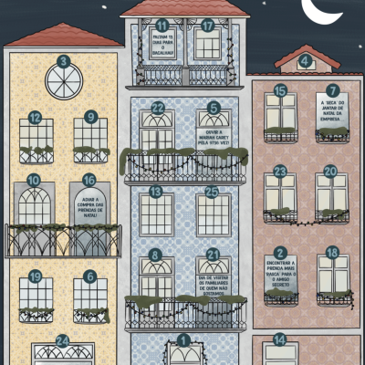 Calendário do Advento 'REAL LIFE EDITION' em três edifícios decorados com janelas numeradas e textos em português sob céu noturno.